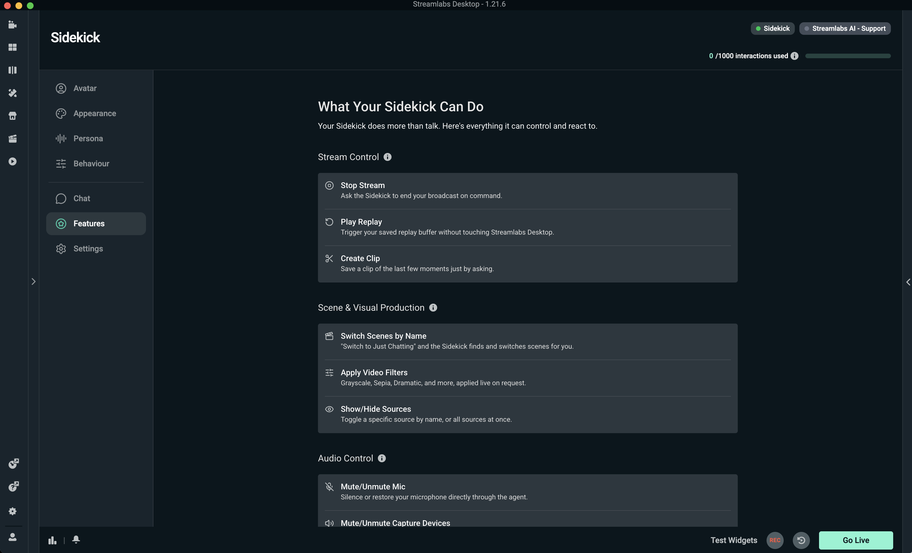 Image of Features tab within the Streamlabs Sidekick app